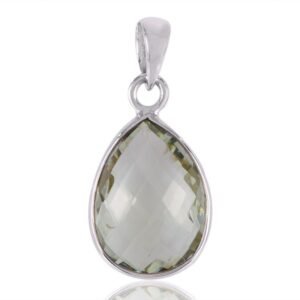 Green amethyst teardrop pendant in sterling silver with faceted gemstone main view