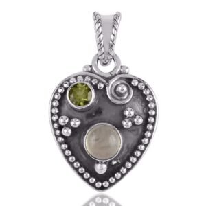 Handcrafted Peridot Prehnite heart pendant in oxidized sterling silver with intricate detailing main view