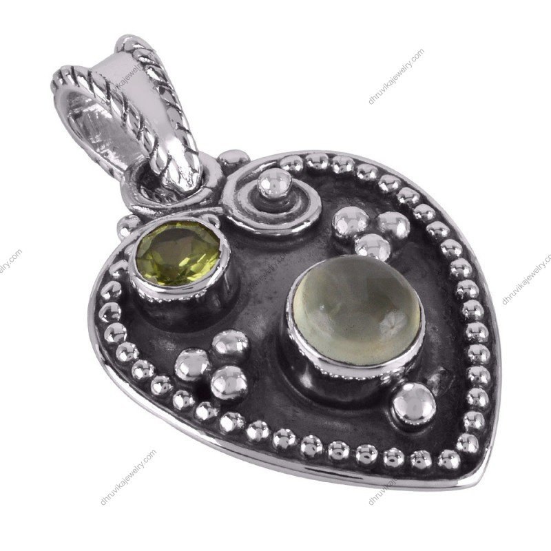 Handcrafted Peridot Prehnite heart pendant in oxidized sterling silver with intricate detailing alternate image