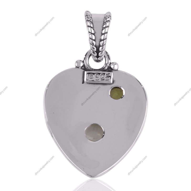 Handcrafted Peridot Prehnite heart pendant in oxidized sterling silver with intricate detailing view1