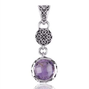 Sterling silver amethyst pendant with intricate filigree design and round-cut gemstone main view