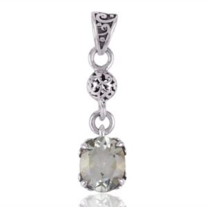 Sterling silver green amethyst pendant with filigree design, cushion-cut gemstone. main view