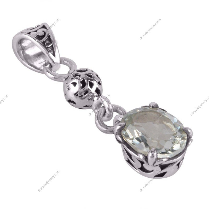 Sterling silver green amethyst pendant with filigree design, cushion-cut gemstone. alternate image