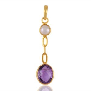 Gold-plated amethyst and pearl dangle pendant with elegant handcrafted design main view