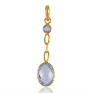 Gold-plated blue topaz dangle pendant with oval and round gemstones main view