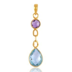 Gold-plated amethyst and blue topaz pendant with faceted gemstones in a delicate dangle design. main view