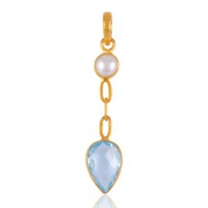 Gold-plated pearl and blue topaz dangle pendant with elegant charm main view