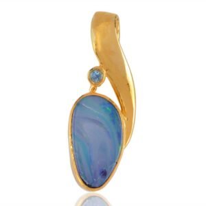 Gold plated blue opal pendant with topaz accent, elegant and unique design main view