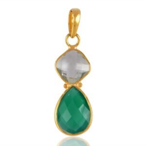 Gold-plated Green Amethyst and Green Onyx pendant with faceted gemstones in an elegant design main view