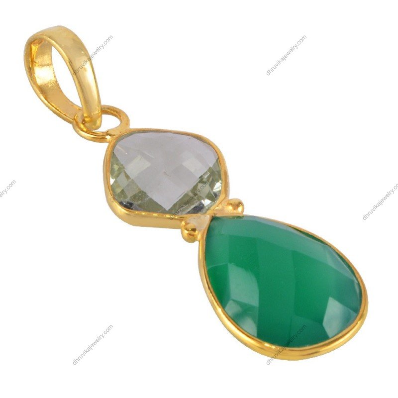 Gold-plated Green Amethyst and Green Onyx pendant with faceted gemstones in an elegant design alternate image