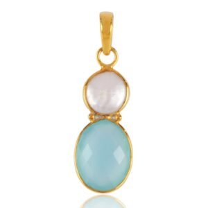 Gold-plated aqua chalcedony and mother of pearl pendant with elegant handcrafted design. main view