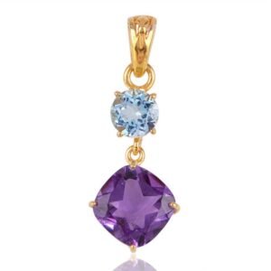 Gold-plated amethyst and blue topaz pendant featuring elegant gemstone setting. main view