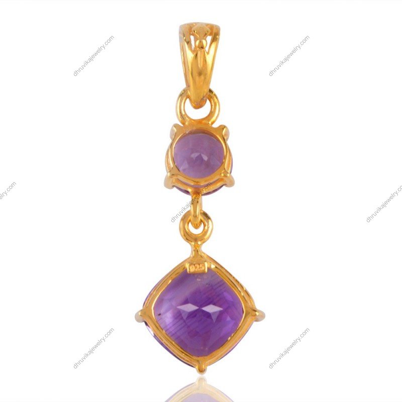 Gold-plated amethyst pendant with cushion-cut gemstone and handcrafted design view1
