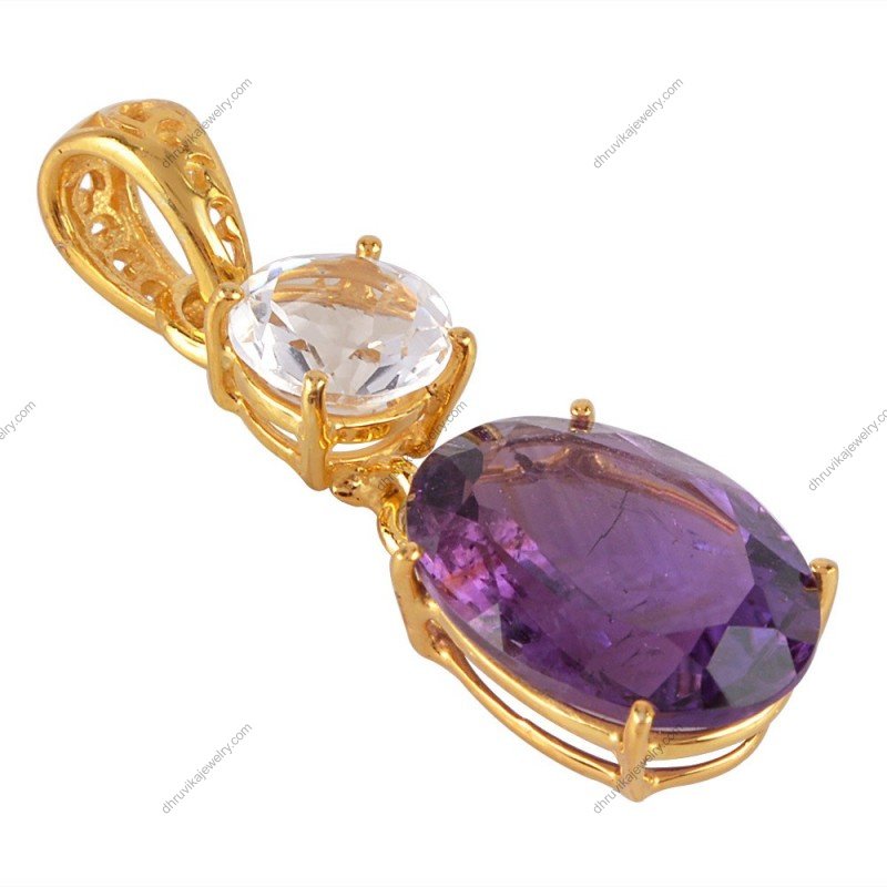 Silver amethyst pendant with oval-cut gemstone and white topaz in sterling silver setting alternate image