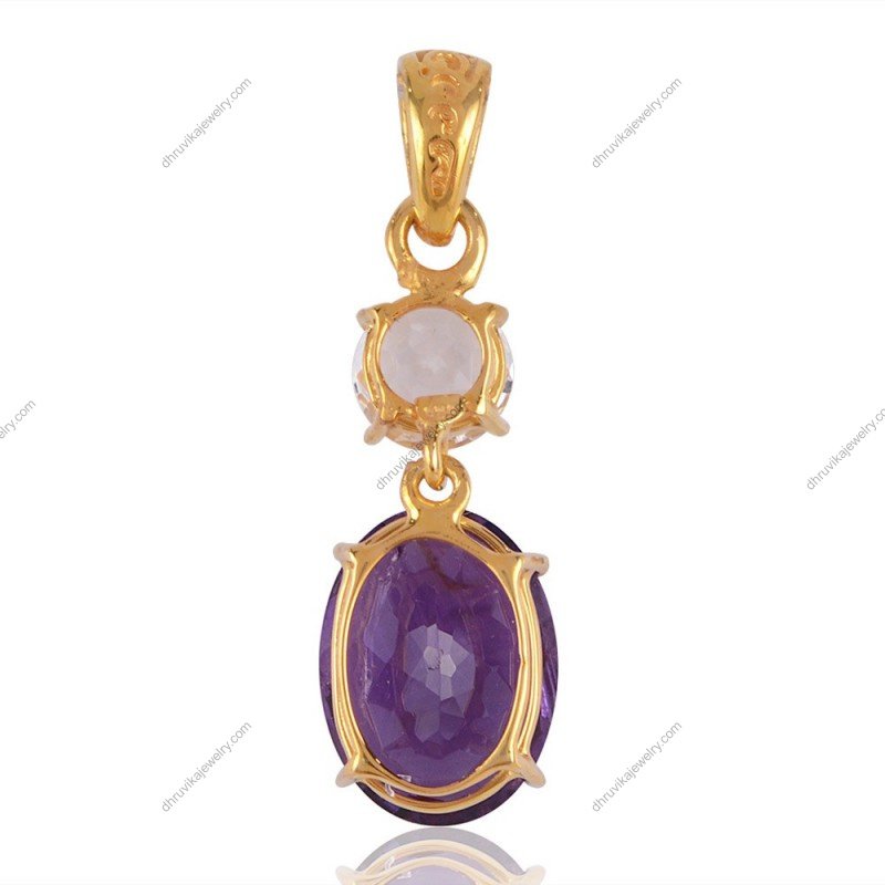 Silver amethyst pendant with oval-cut gemstone and white topaz in sterling silver setting view1