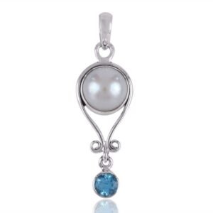 Sterling silver pearl and blue topaz pendant with intricate design for timeless elegance main view