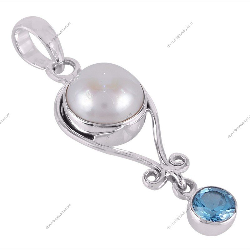Sterling silver pearl and blue topaz pendant with intricate design for timeless elegance alternate image