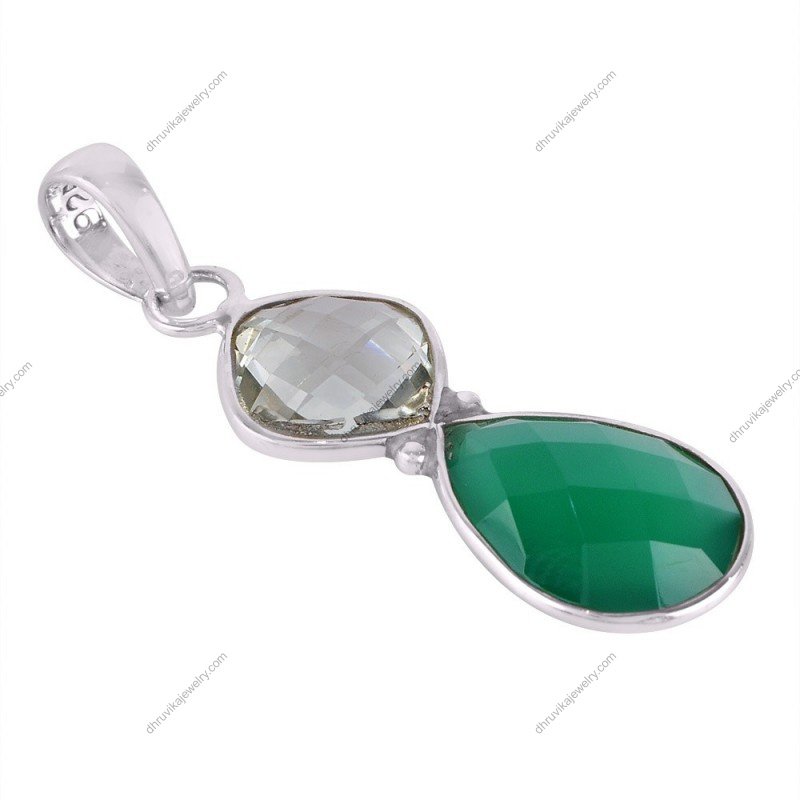 Green Onyx & Green Amethyst pendant in sterling silver with faceted gemstones alternate image