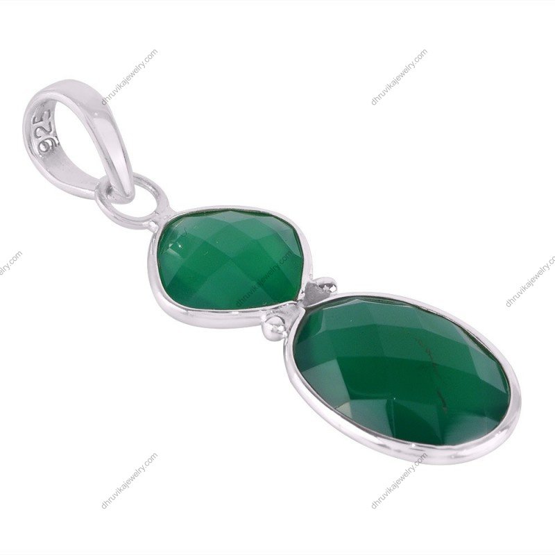 Green onyx sterling silver pendant with faceted gemstones, elegant handcrafted jewelry piece alternate image