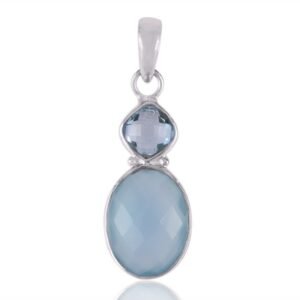 Elegant blue topaz and aqua chalcedony silver pendant with faceted gemstones main view