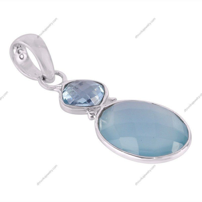 Elegant blue topaz and aqua chalcedony silver pendant with faceted gemstones alternate image