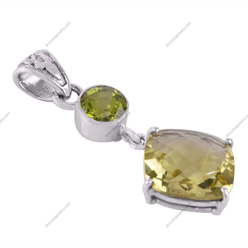 Lemon Quartz and Peridot pendant in sterling silver with cushion-cut and round faceted gemstones alternate image