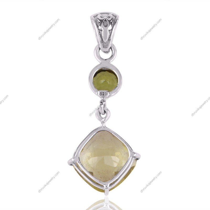Lemon Quartz and Peridot pendant in sterling silver with cushion-cut and round faceted gemstones view1