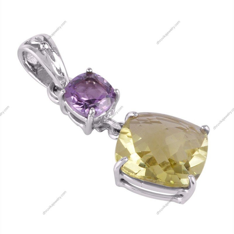 Amethyst and lemon quartz pendant in sterling silver with cushion-cut gemstones alternate image