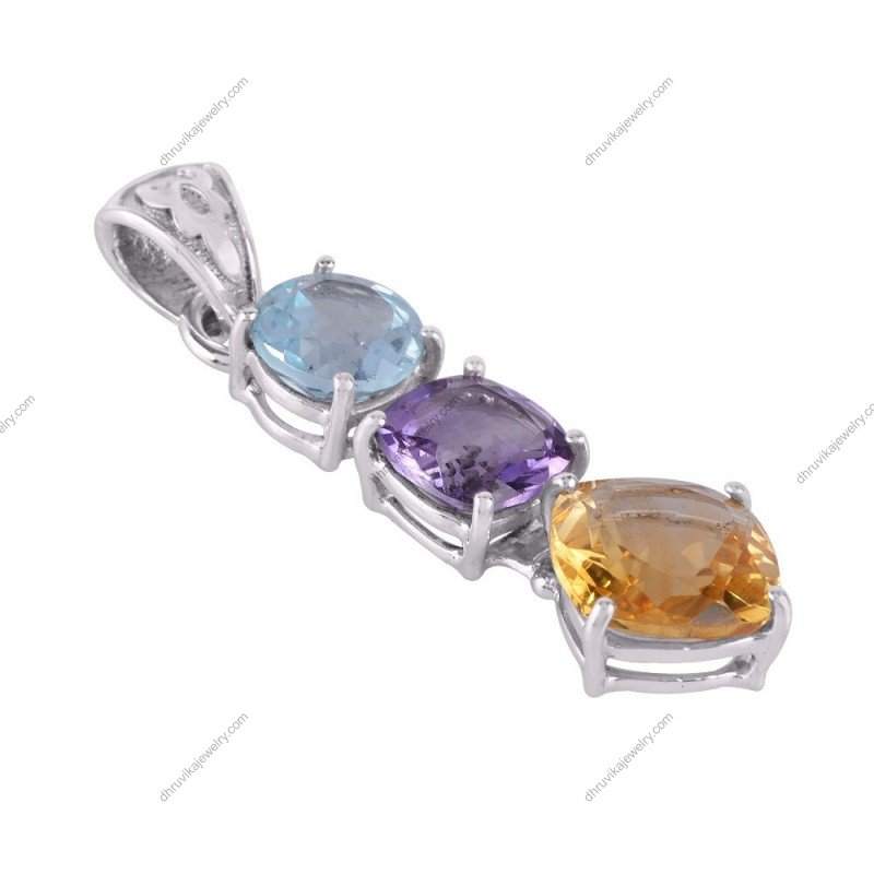 Sterling silver pendant with citrine, amethyst, and blue topaz gemstones in a cushion-cut design. alternate image
