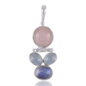 Handcrafted silver multi-gemstone pendant with rose quartz, kyanite, and aquamarine set in sterling silver main view