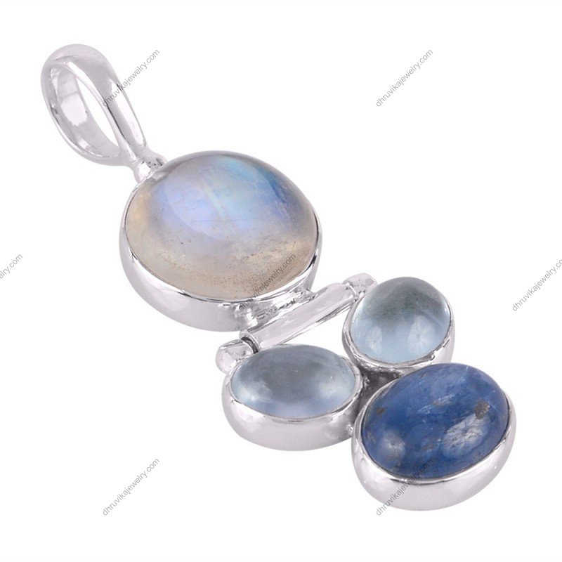 Rainbow Moonstone Kyanite sterling silver pendant with handcrafted gemstone setting alternate image
