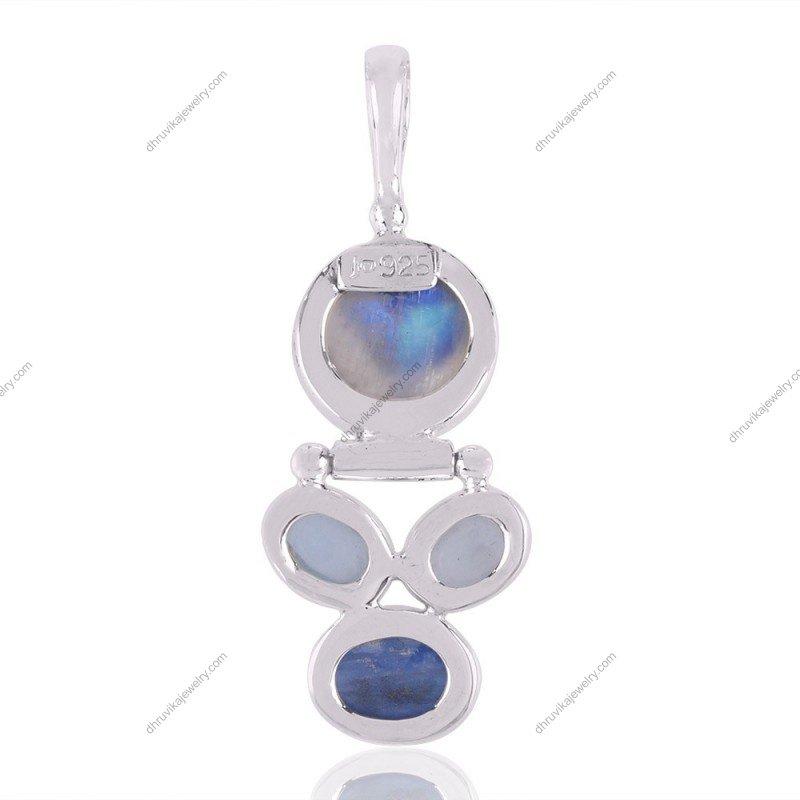 Rainbow Moonstone Kyanite sterling silver pendant with handcrafted gemstone setting view1