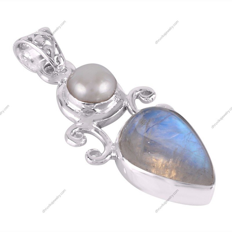 Sterling silver moonstone and pearl pendant with intricate filigree design alternate image