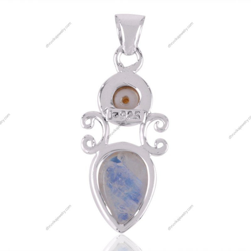Sterling silver moonstone and pearl pendant with intricate filigree design view1