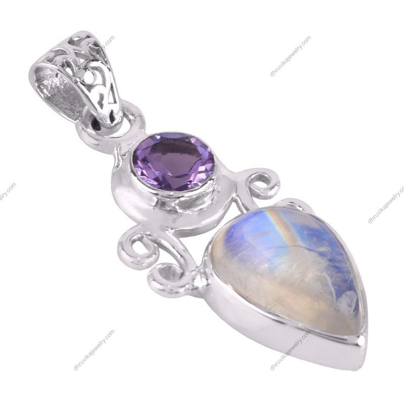 Sterling silver moonstone and amethyst pendant with intricate hand-carved detailing alternate image