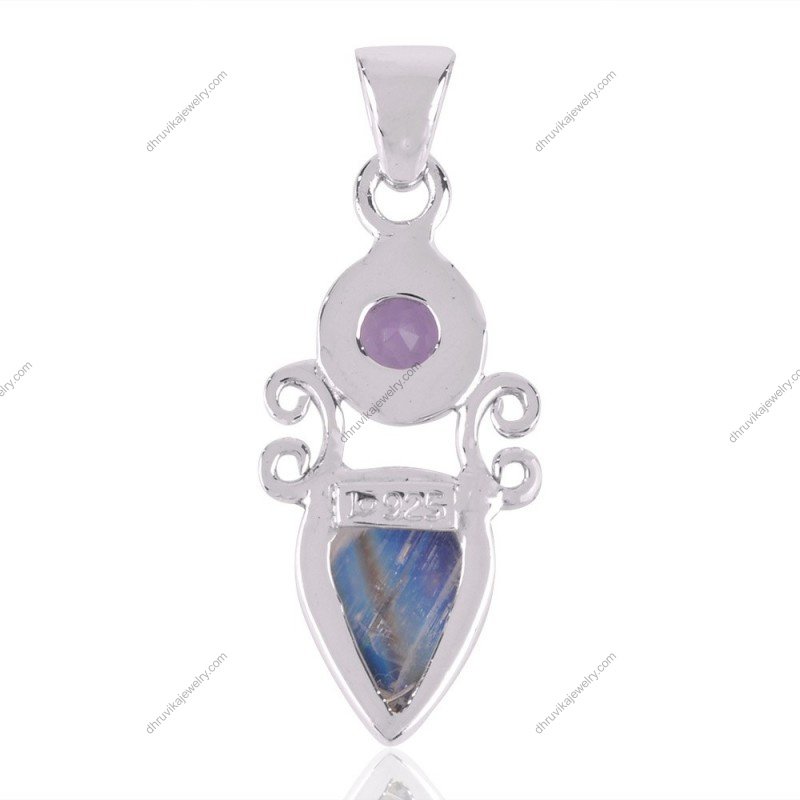 Sterling silver moonstone and amethyst pendant with intricate hand-carved detailing view1