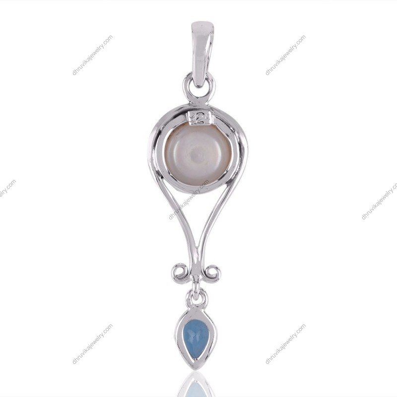 Silver pearl and blue topaz pendant featuring elegant sterling silver craftsmanship view1