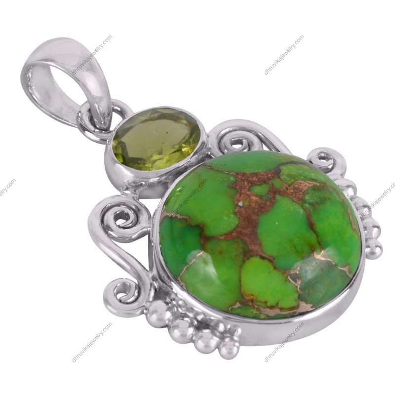 Green Turquoise and Peridot Sterling Silver Pendant with intricate filigree design alternate image