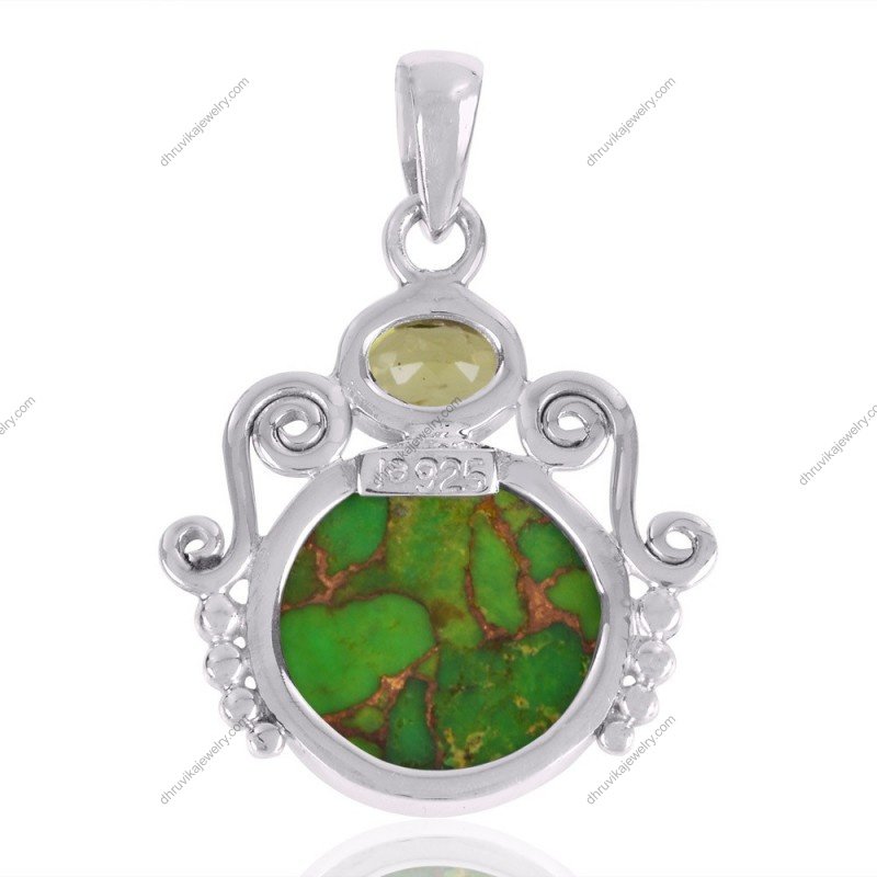 Green Turquoise and Peridot Sterling Silver Pendant with intricate filigree design view1