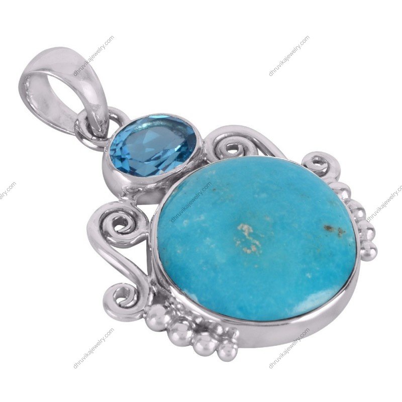 Sterling silver turquoise and blue topaz pendant with intricate scrollwork design alternate image