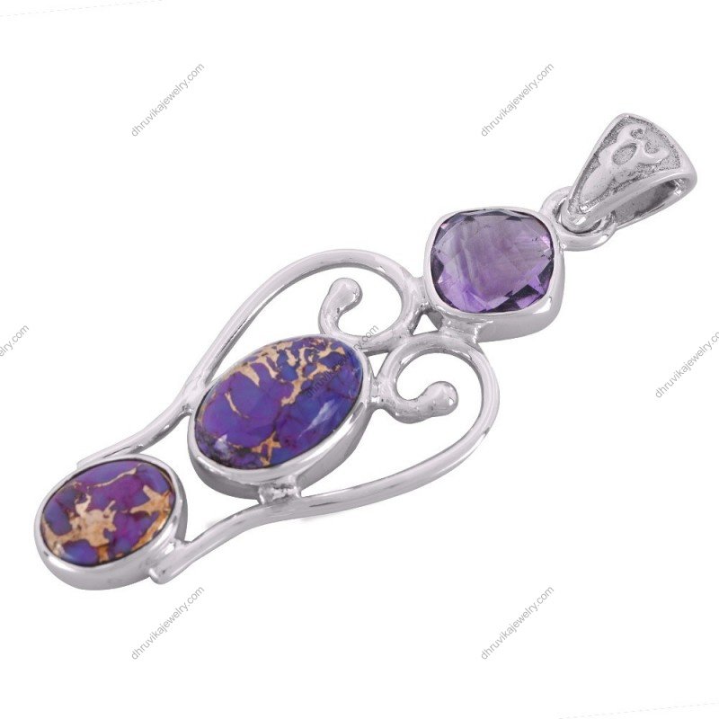 Sterling silver angel pendant with purple copper turquoise and amethyst view1