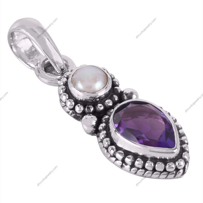 Sterling silver amethyst and pearl pendant with vintage detailing alternate image