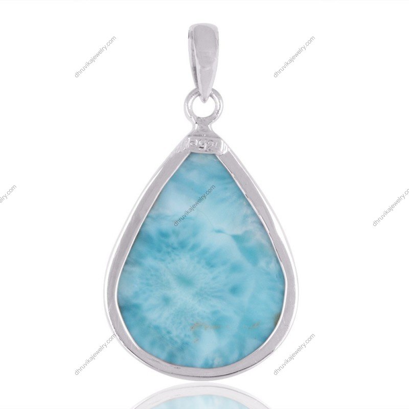 Sterling silver larimar teardrop pendant with ocean-blue gemstone, handcrafted elegance view1
