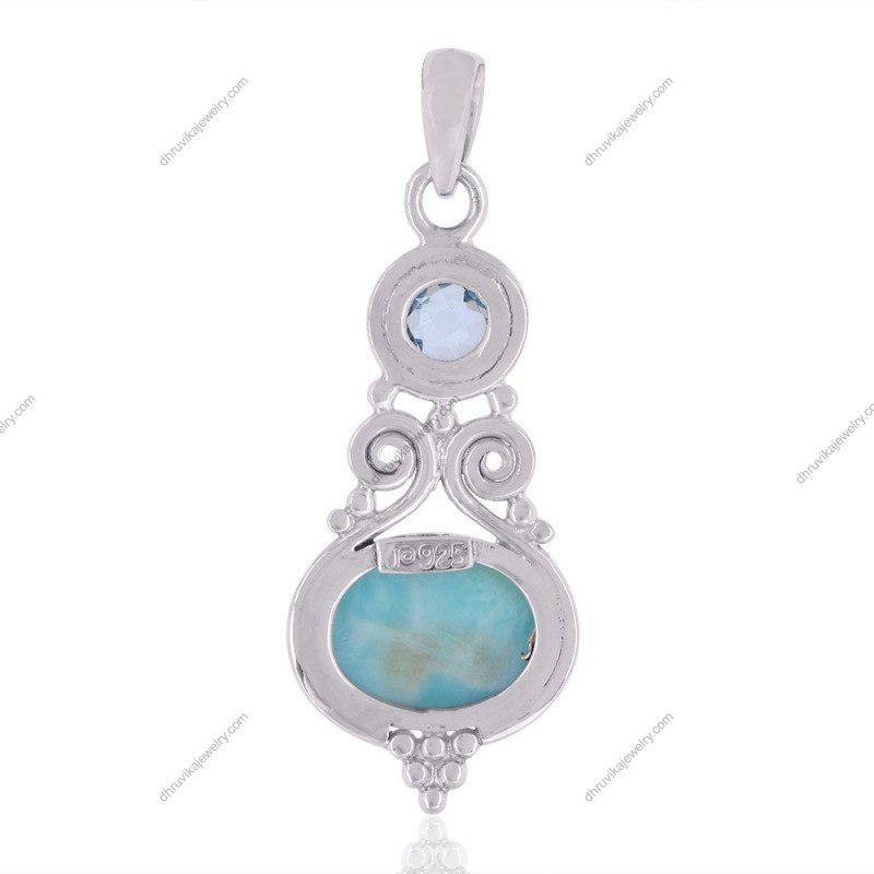 Sterling silver Larimar and Blue Topaz pendant with artisan scrollwork design view1