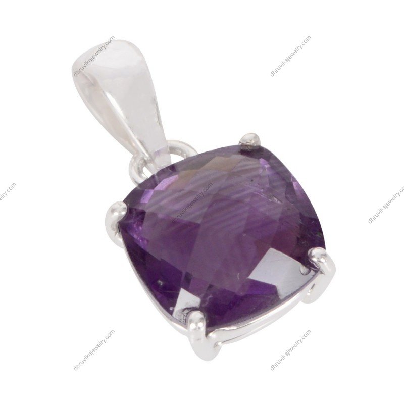 Sterling silver amethyst pendant featuring a cushion-cut purple gemstone in a minimalist silver setting. alternate image
