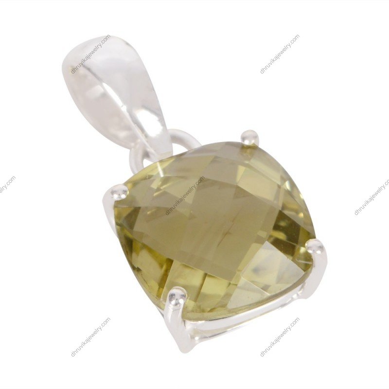 Silver lemon quartz pendant featuring a cushion-cut gemstone set in sterling silver alternate image
