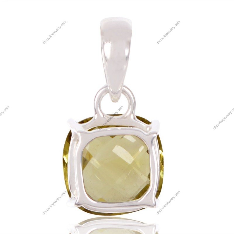 Silver lemon quartz pendant featuring a cushion-cut gemstone set in sterling silver view1