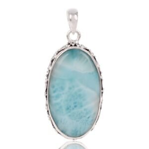 Sterling silver Larimar pendant with ocean-blue gemstone in an oval design main view