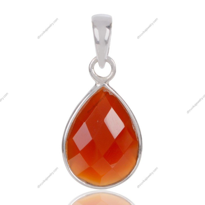 Elegant silver carnelian teardrop pendant with faceted gemstone in a sterling silver setting alternate image