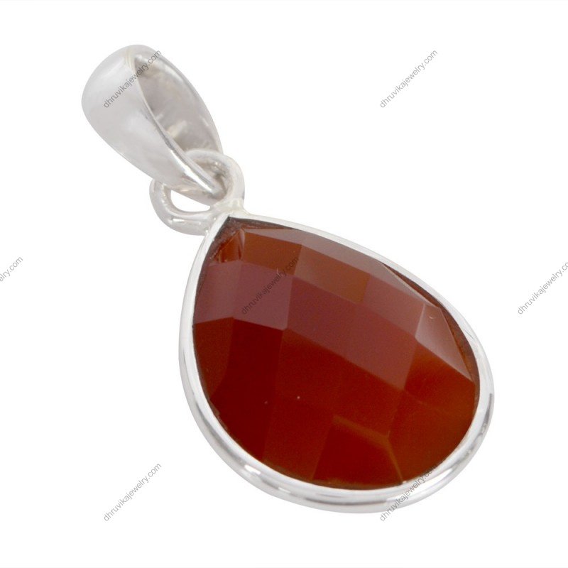 Elegant silver carnelian teardrop pendant with faceted gemstone in a sterling silver setting view1